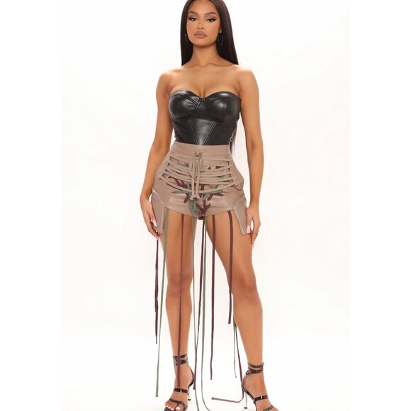 No Strings Attached Faux Leather Lace-Up Shorts by Fashion Nova - Taupe - M - Picture 3 of 5